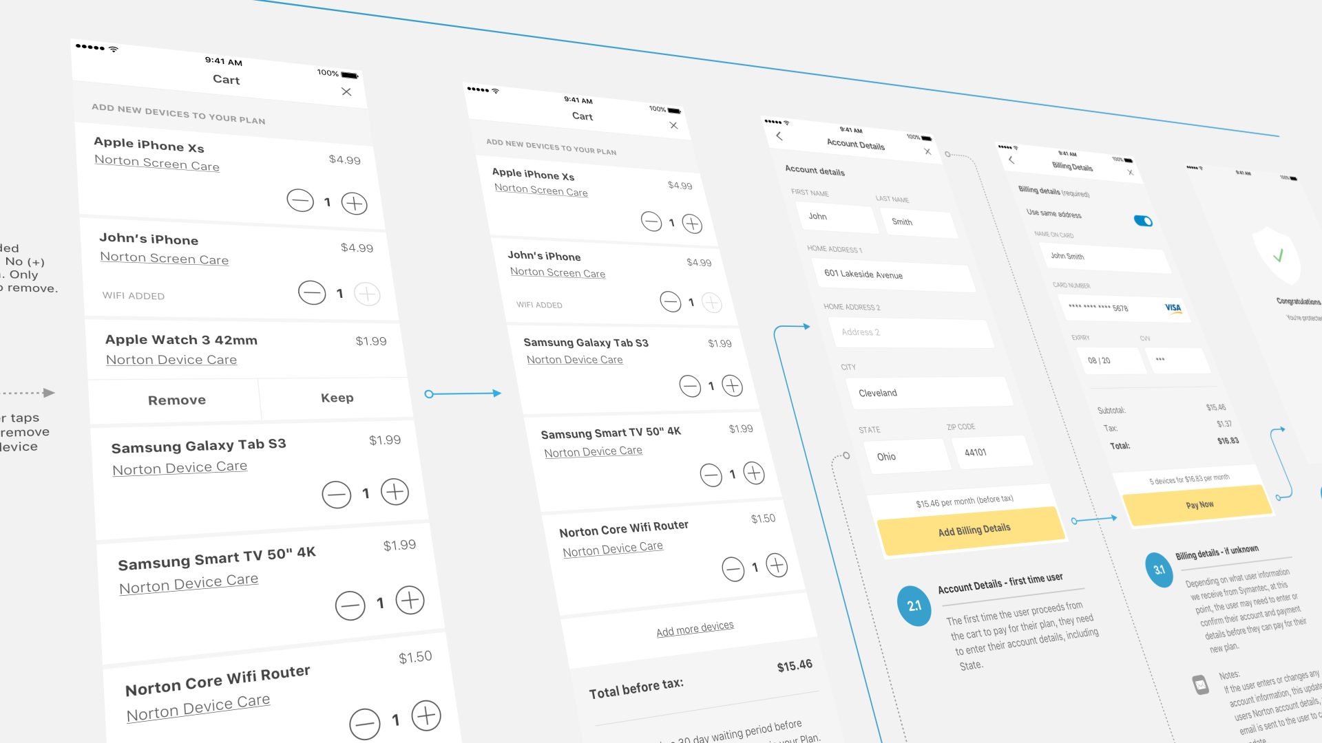 Checkout flow for a connected warranty product.