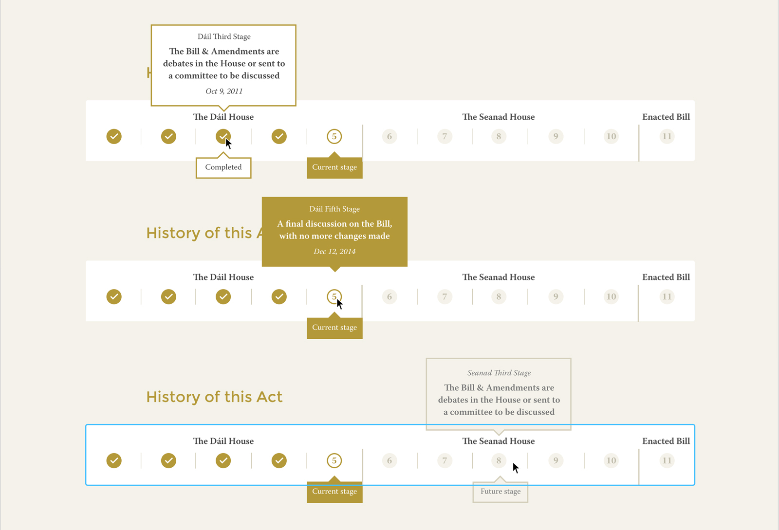 Detail images of a timeline interface 