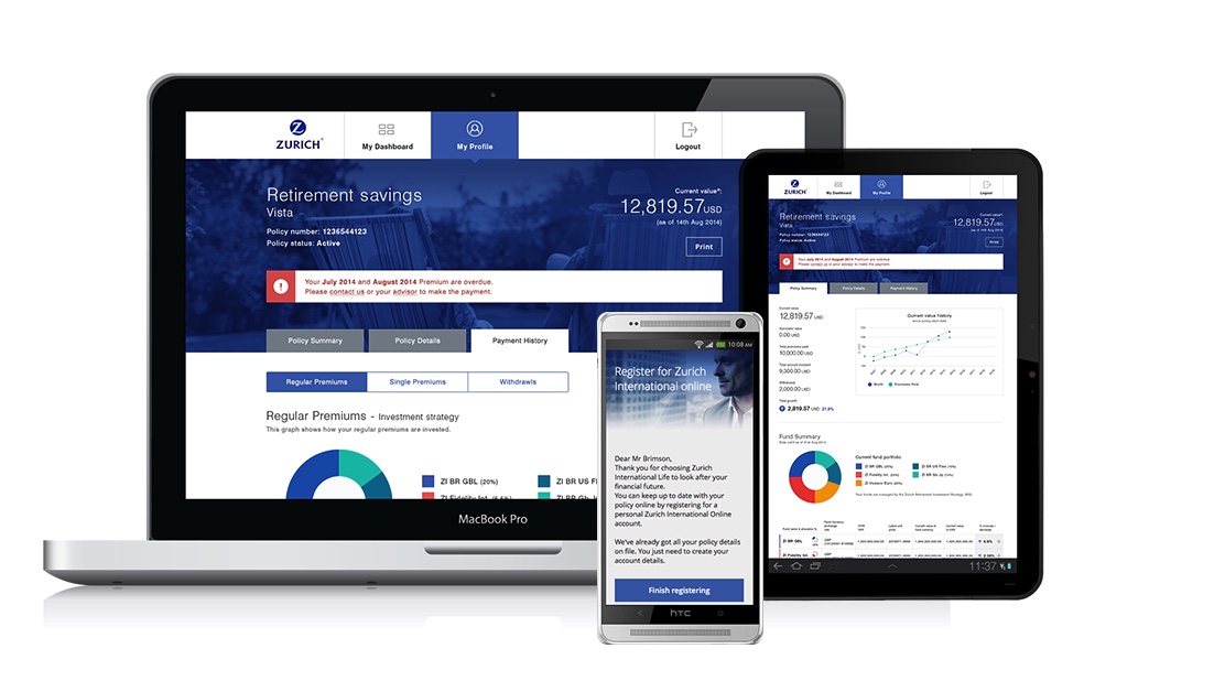 Image of laptop, tablet and mobile device with interface on each